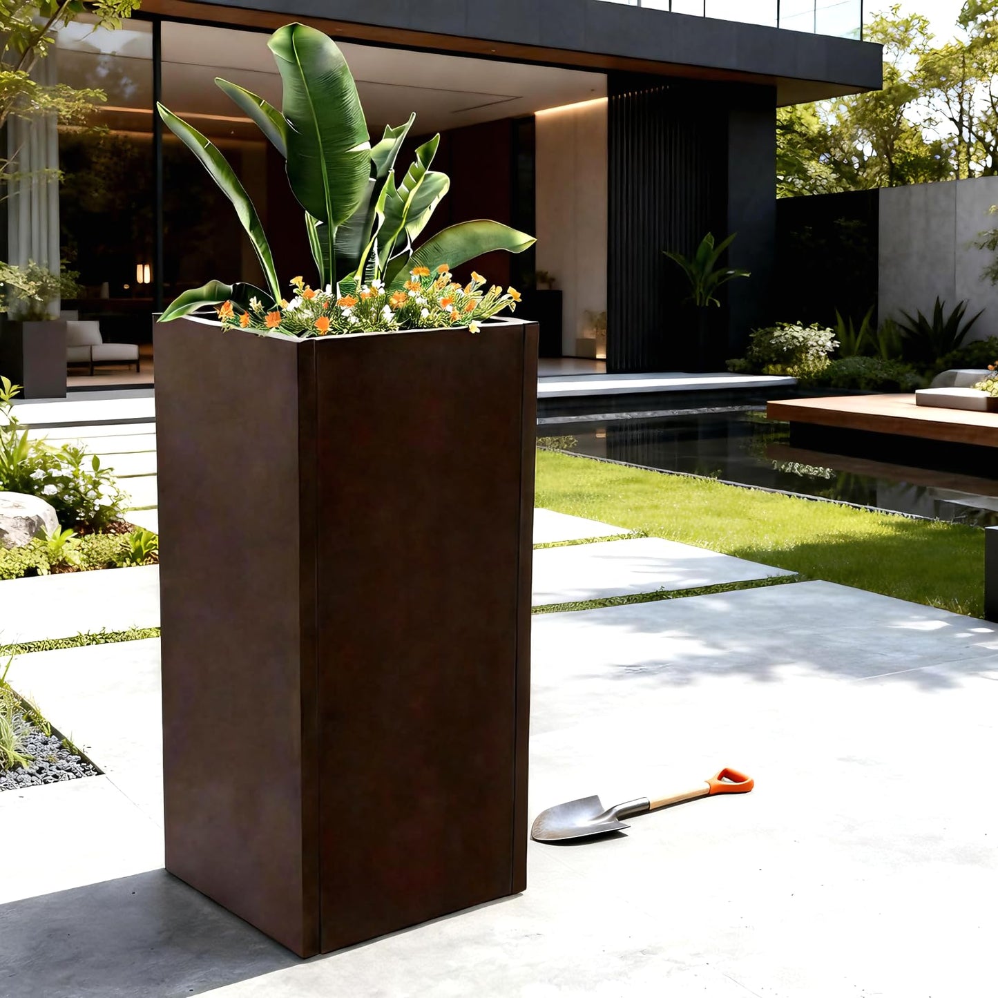 wukaeiue Galvanized Steel Planter Box 16x16x30 Inches, Brown - Modern Raised Garden Bed with Drainage Holes & Easy Assembly, Heavy Duty Metal Flower Pot for Outdoor Indoor Plants, Herbs, Flowers