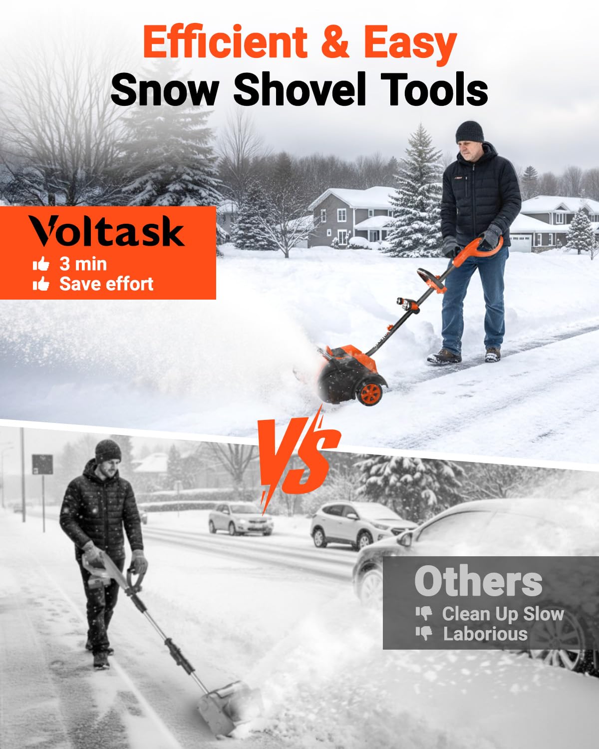 VOLTASK Cordless Snow Shovel with Wheels, 48V | 16-Inch | 4-Ah Brushless Cordless Snow Blower, Battery Snow Blower with Directional Plate & LED Lights (2 * 24V Battery & Dual Quick Charger Included)