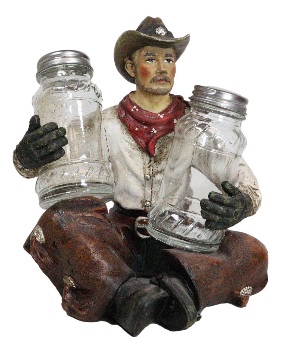 Ebros Gift Country Rustic Western Howdy Wrangler Cowboy With Chaps Sitting Crossed Legs Salt and Pepper Shakers Holder Figurine Set Farmhouse Ranch Wild West Southwestern Old World Decor