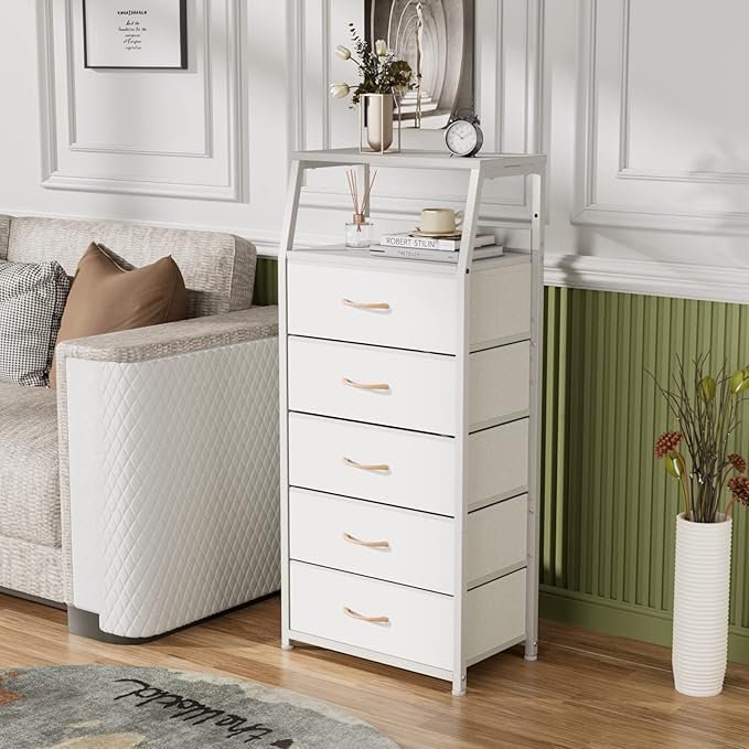Furnulem White Dresser with 5 Drawers, Vertical Storage Tower Fabric Dresser