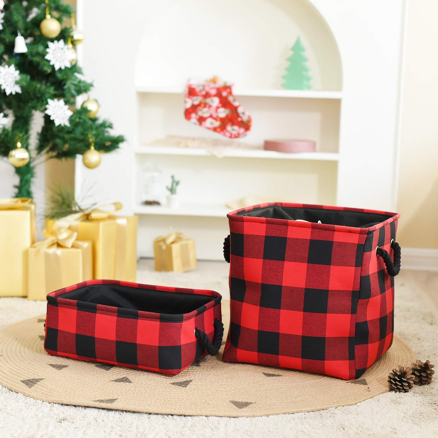 INough Red Christmas Baskets for Gifts Empty Red Gift Bag, Holiday Gift Baskets Empty Low Basket Buffalo Plaid Toy Bins Ornaments Storage Organizer for Baby Room, Kids Nursery, Home Holiday Decor