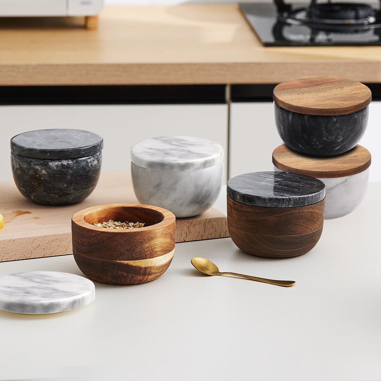 jalz jalz Marble Salt Cellar Pinch Pot - Heavy Non-Slip Salt Bowl with Acacia Wood Cover and Spoon - 10oz Capacity Spice Storage Natural Marble Salt Box with Sustainable Acacia Lid