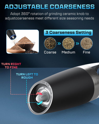 XinXu Gravity Automatic Electric Pepper and Salt Grinder, Auto Salt or Pepper Mill Shaker Stainless Steel,Blue LED Light,One Hand Operated, Black
