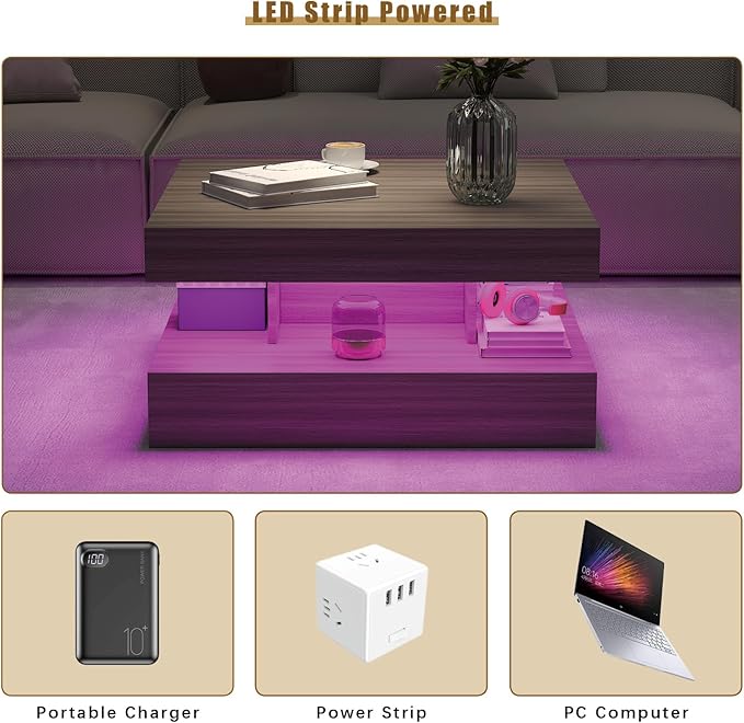 HedoAjim LED Coffee Table for Living Room, Living Room Table 2-Tier Square