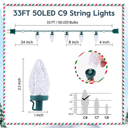 Brightown C9 LED Christmas String Lights, 33ft 50 LED Waterproof Strawberry String Lights, Plug-in Extendable Green Wire Lights String for Outdoor Indoor Patio Party Decoration (White)