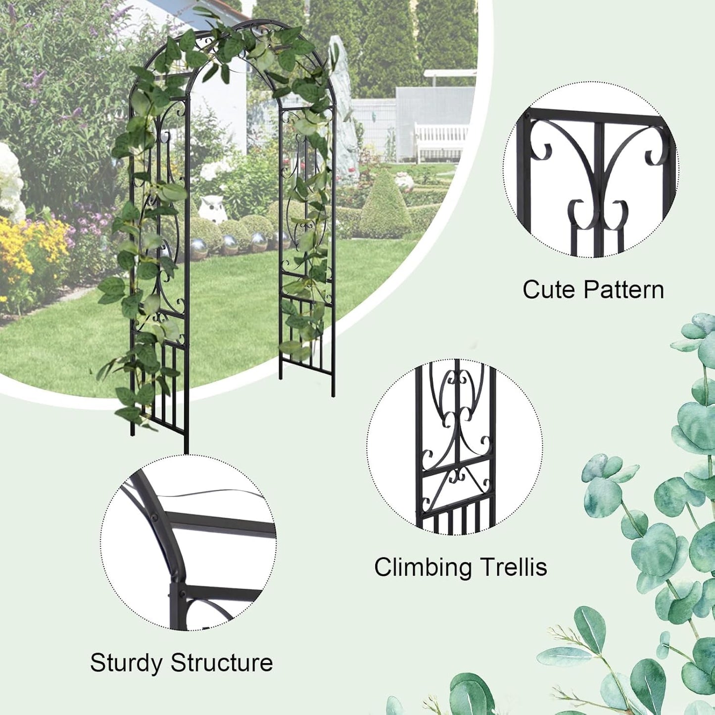 kinbor Garden Arches and Arbors Outdoor Black Metal Arbor for Climbing Plants Vines Roses Wedding Archway