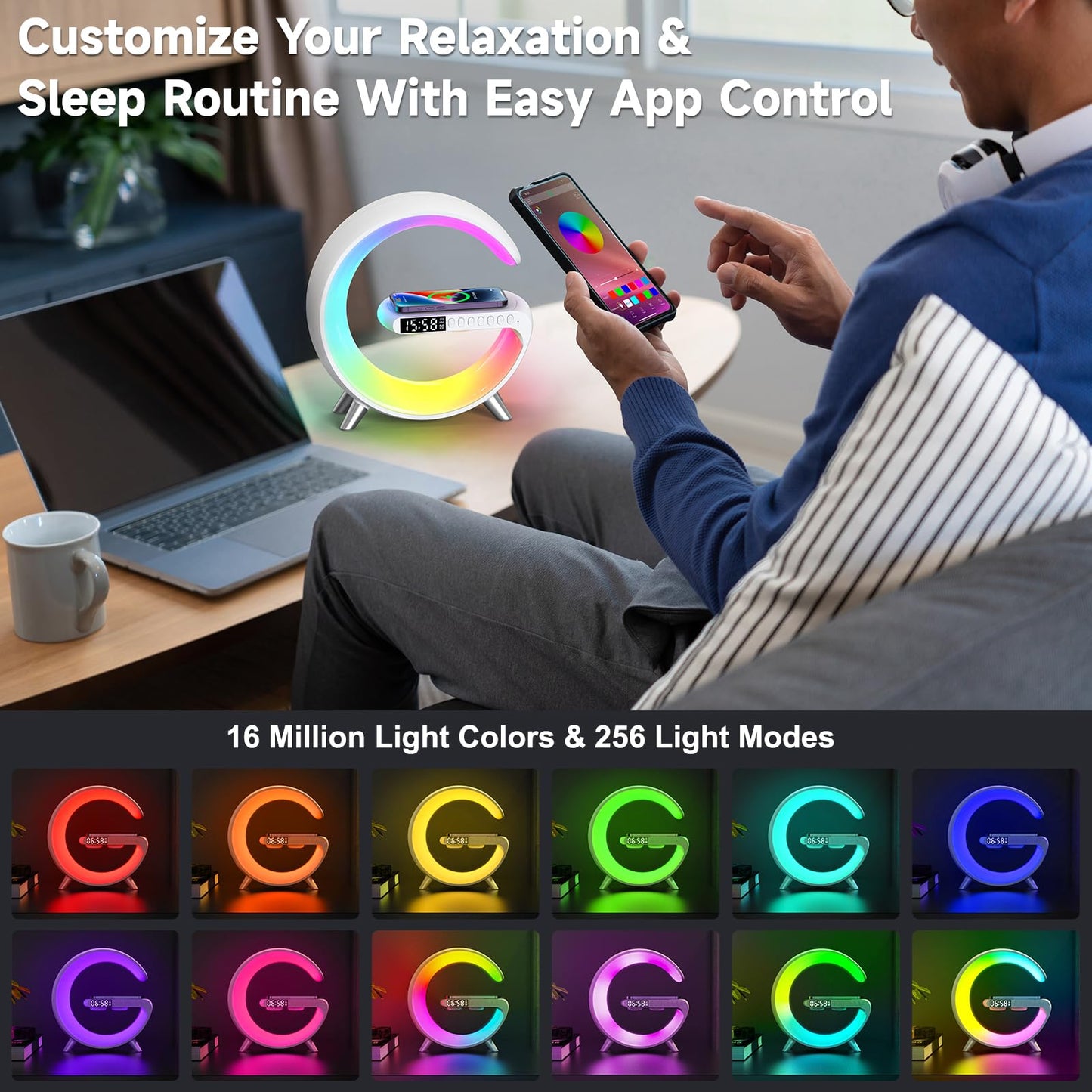 Smart LED Table Lamp with Bluetooth Speaker, Fast Wireless Charger, RGB Night Light, Sunrise Alarm Clock & App Control Bedside Atmosphere Lamp for Bedroom Office Home Decor, Teen Girls Boys Gifts