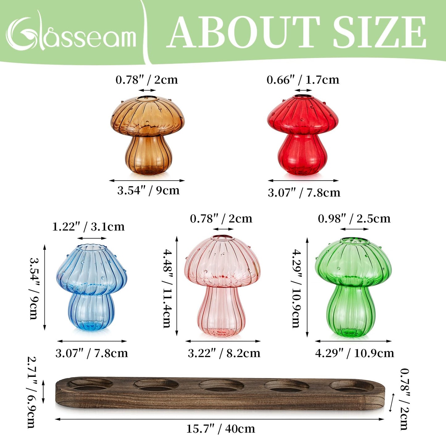 Glasseam Mushroom Plant Propagation Stations: Glass Terrarium Jars with Wood Stand - Unique Hydroponic Planters for Indoor Plants, Office Decor - 5 Pcs
