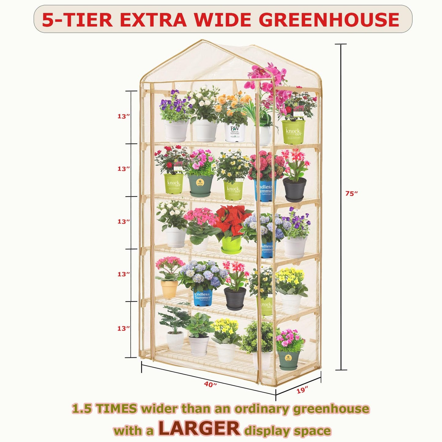 Purlyu Garden 50% Extra Wide Mini Greenhouse 5 Tier Portable Plant Green House 40 in Wide -Sturdy Gardening Shelves with PE Cover & Roll-Up Zipper Door-19″W. x 40″L. x63″H(PLGH1005OWP)