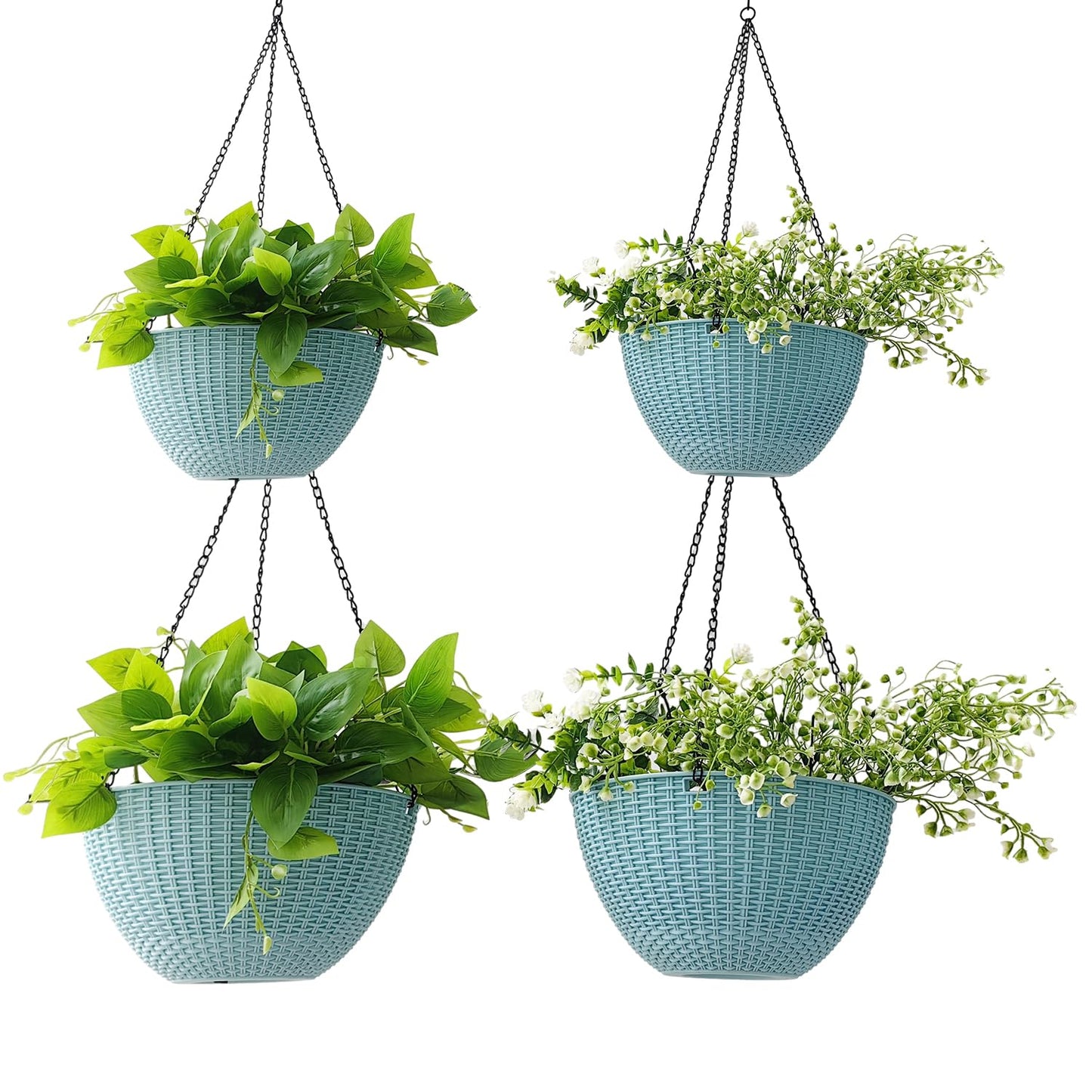 RooTrimmer Hanging Planters for Outdoor Plants 8/10 Inch, 4 Packs Hanging Flower Pot Indoor with Drainage Holes, Self-Watering Hanging Basket Perfect for Home, Office and Garden (Sky Blue)