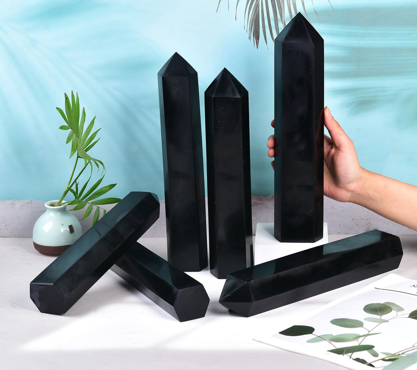 AMOYSTONE Black Obsidian Tower Wand 3-3.5 Lbs Hand-Polished 6-Faceted Gemstone Pillar Protective Stone Altar Supplies for Meditation Bedroom Side Table Placement Shelf Ornament