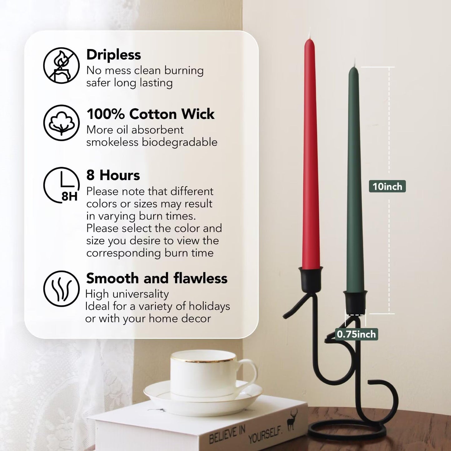 Pickood 10-Inch Tall Dripless Taper Candles Set of 12 - Red and Green Tapered Candles, Perfect for Christmas - Smokeless, Unscented, Long Burning - Hand Poured, Colored Tall Candlesticks - Christmas