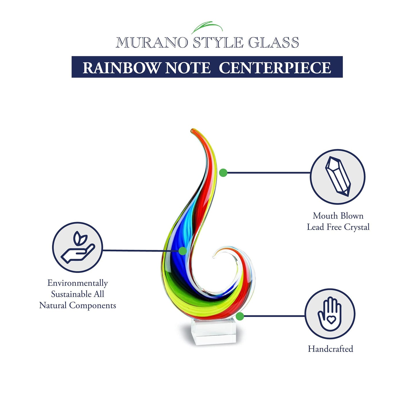 Badash Rainbow Murano-Style Art Glass Sculpture Centerpiece, 12 Inch