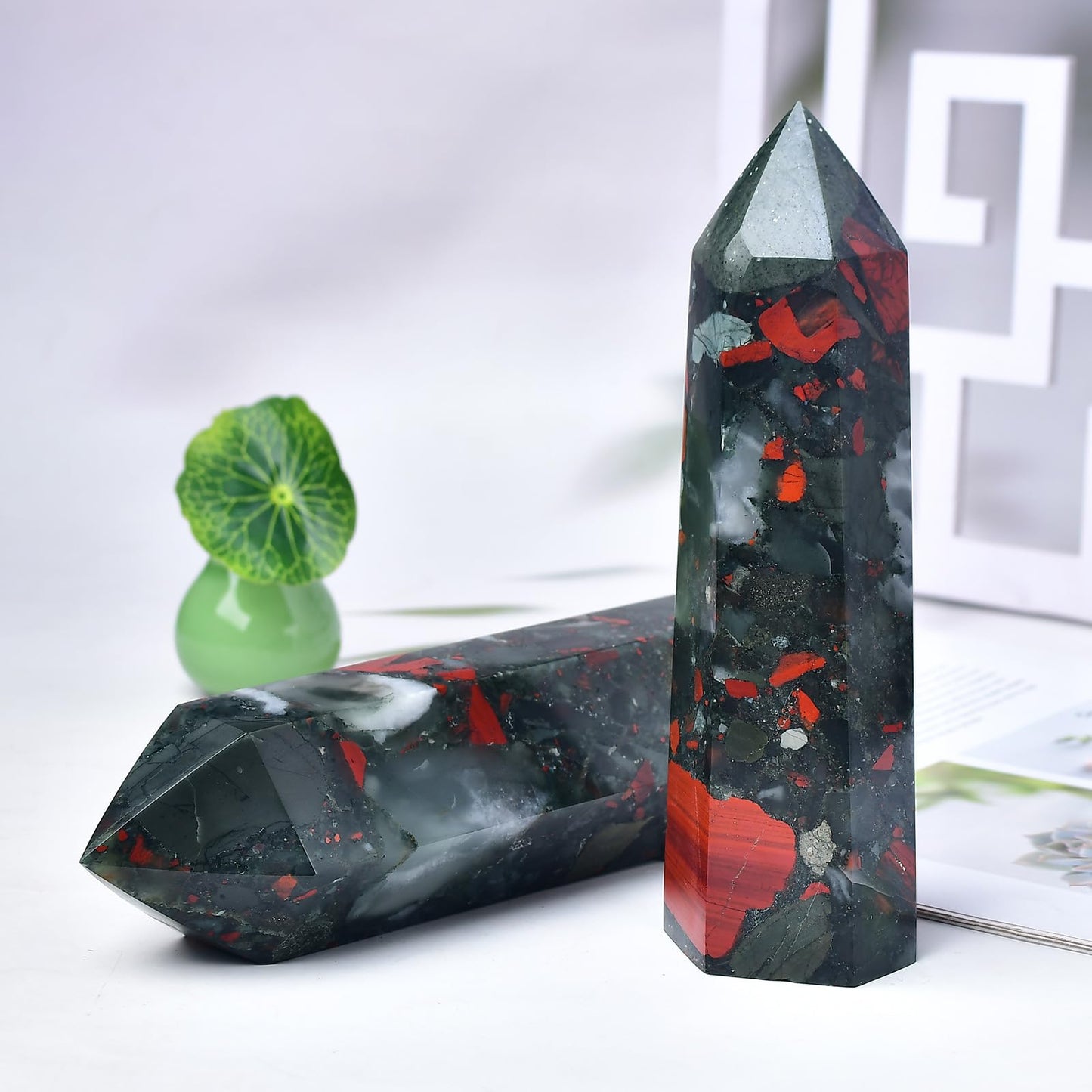 FZBHRO Large Crystal Towers Africa Blood Stone 6 Faceted Quartz Point Obelisk Red Healing Crystal Wand 2.2-2.6 Pound