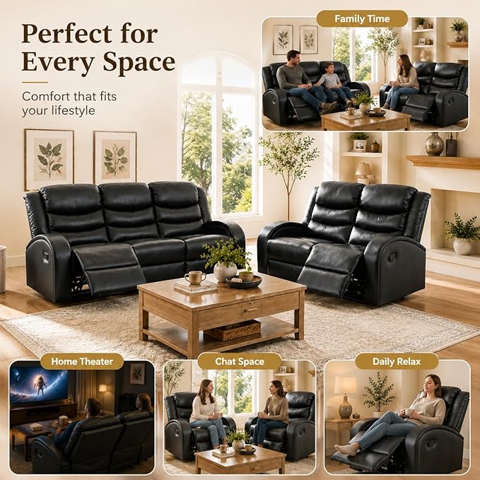 Recliner Sofa Set, 2 Piece Living Room Furniture Set, Leather Recliner Sofa