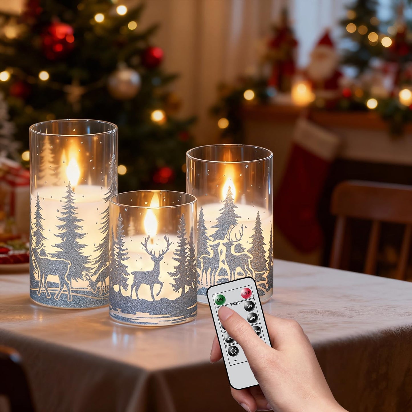 KunSwenn Christmas Flameless Candles with Silver Reindeer Decals, 3 Pack LED Glass Battery Operated Candles with Remote Timer, Pillar Candles with Deer and Tree Pattern for Christmas Winter Decor