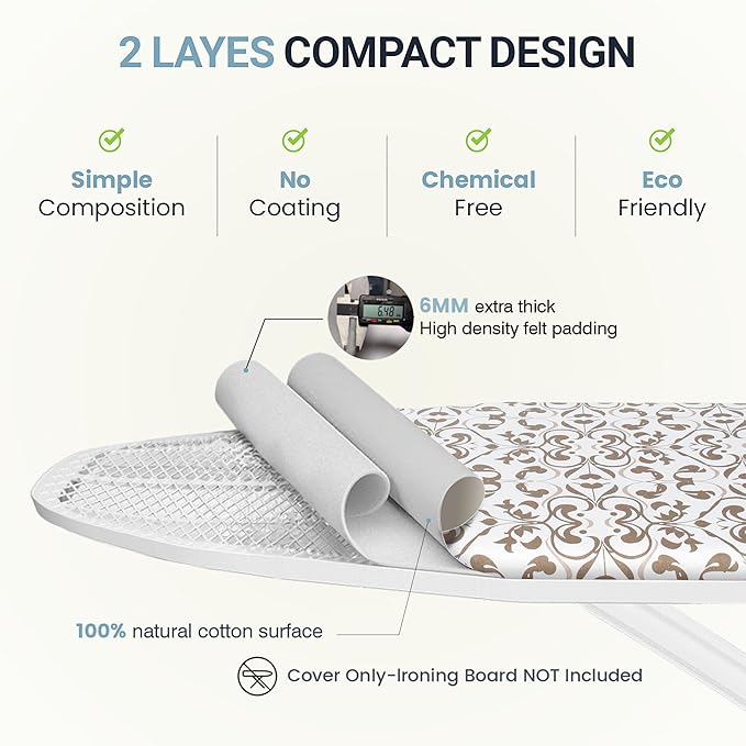 Ironing Board Cover and Pad 18"x54" Extra Thick Natural Cotton, Scorch & Stain