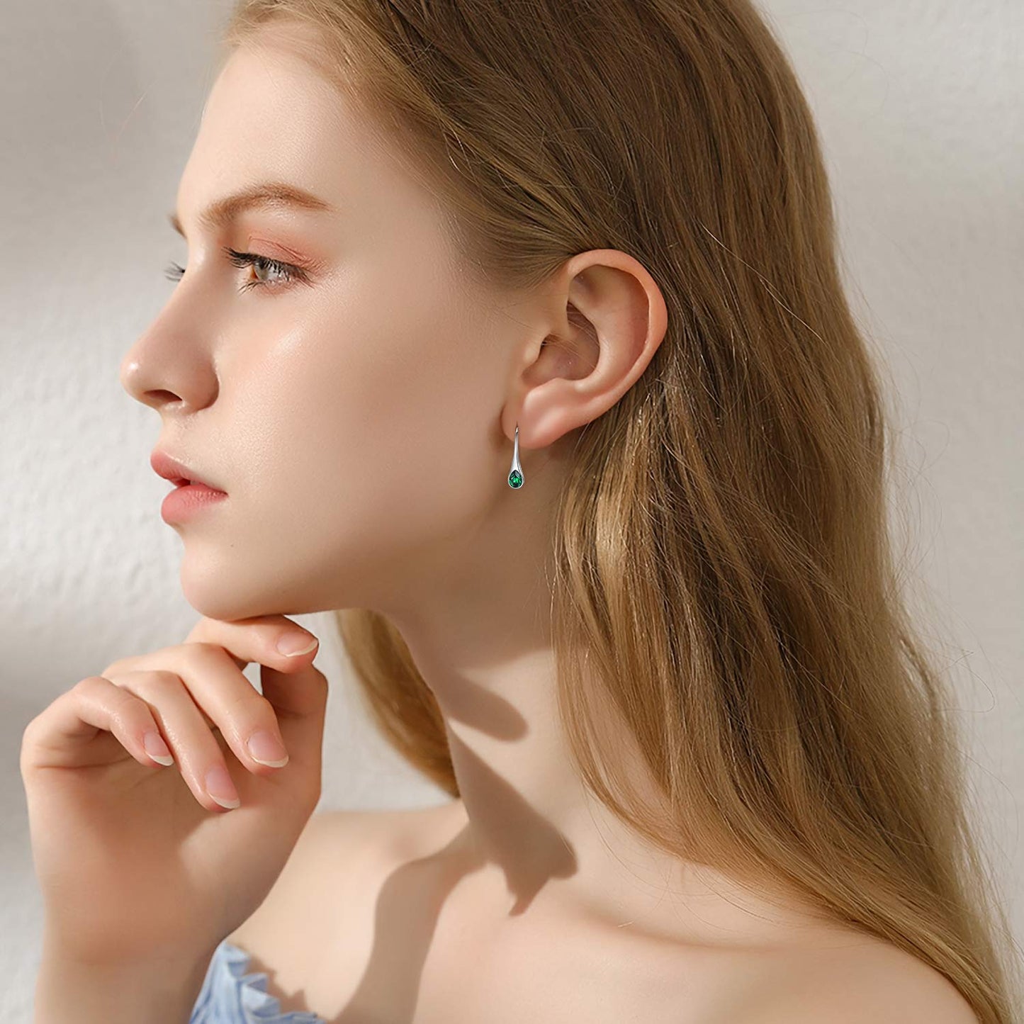 May Birthstone Emerald Earrings Sterling Silver Teardrop Dangle Drop Hook Earrings Women Pull Through Earrings Birthday Mother's Day Jewelry