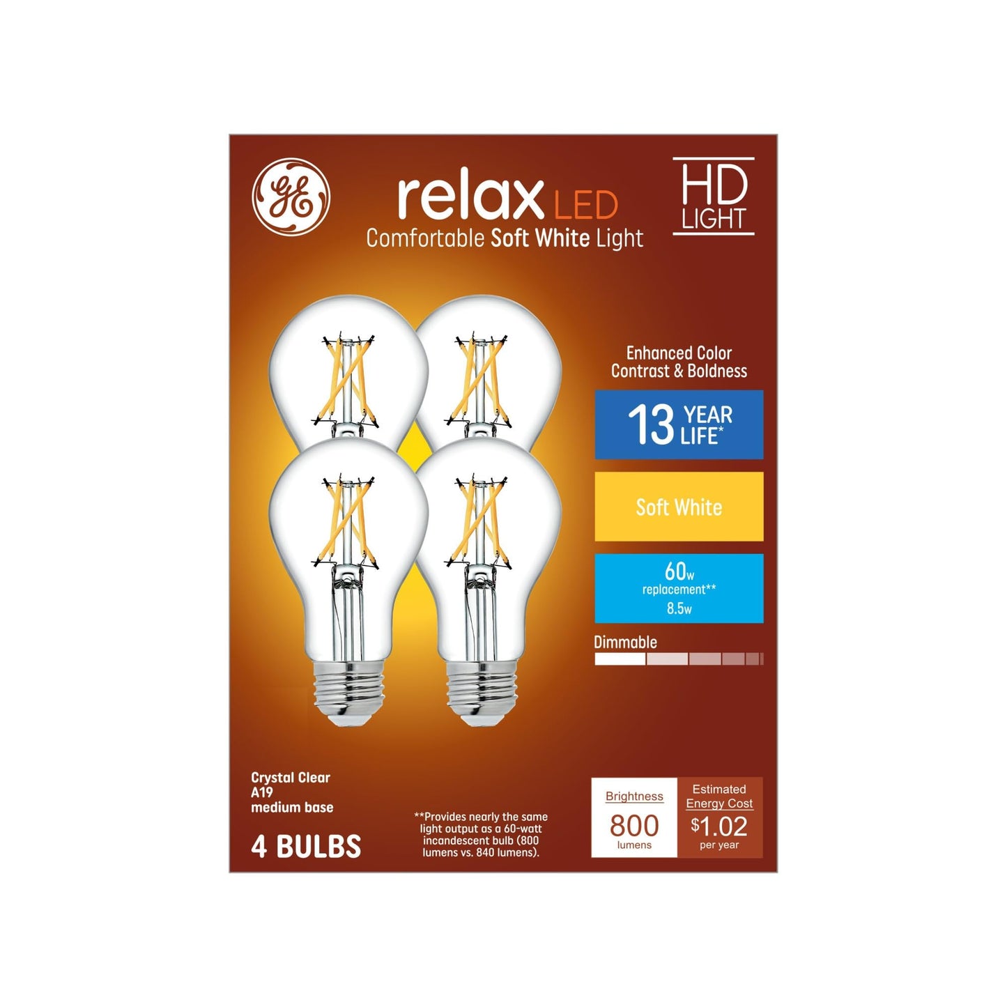 GE Relax 8-Pack A19 60 Watt Equivalent Crystal Clear Soft White Dimmable LED Light Bulbs