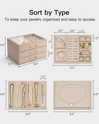 VLANDO 3 Layer Jewelry Box for Women, Mothers Day Gifts for Women, Glass Lid Jewelry Organizer with 3 Drawers for Necklaces Rings Earrings Bracelets - Toffee