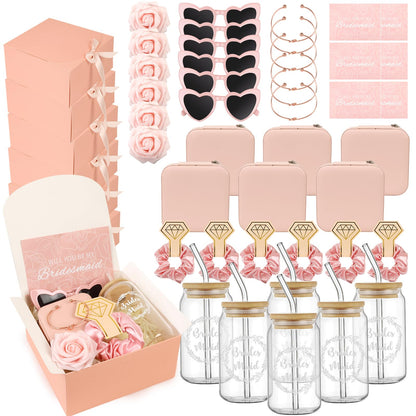 HOMENERGY Bridesmaid Proposal Gifts Set 6 - "Will You Be My Bridesmaid Kit with Elegant Box Jewelry Box Glass Cup Invited Cards Knotted Bracelets Sunglasses Scrunchies Raffia Grass Pink 54 Pcs