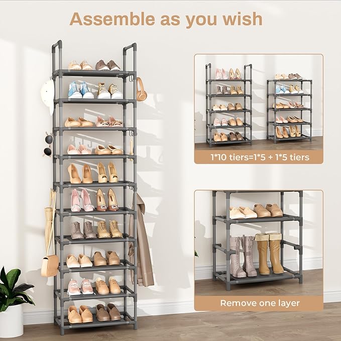 VTRIN 10 Tiers Tall Shoe Rack Holds 20-25 Pairs of Shoes Sturdy Vertical Shoe