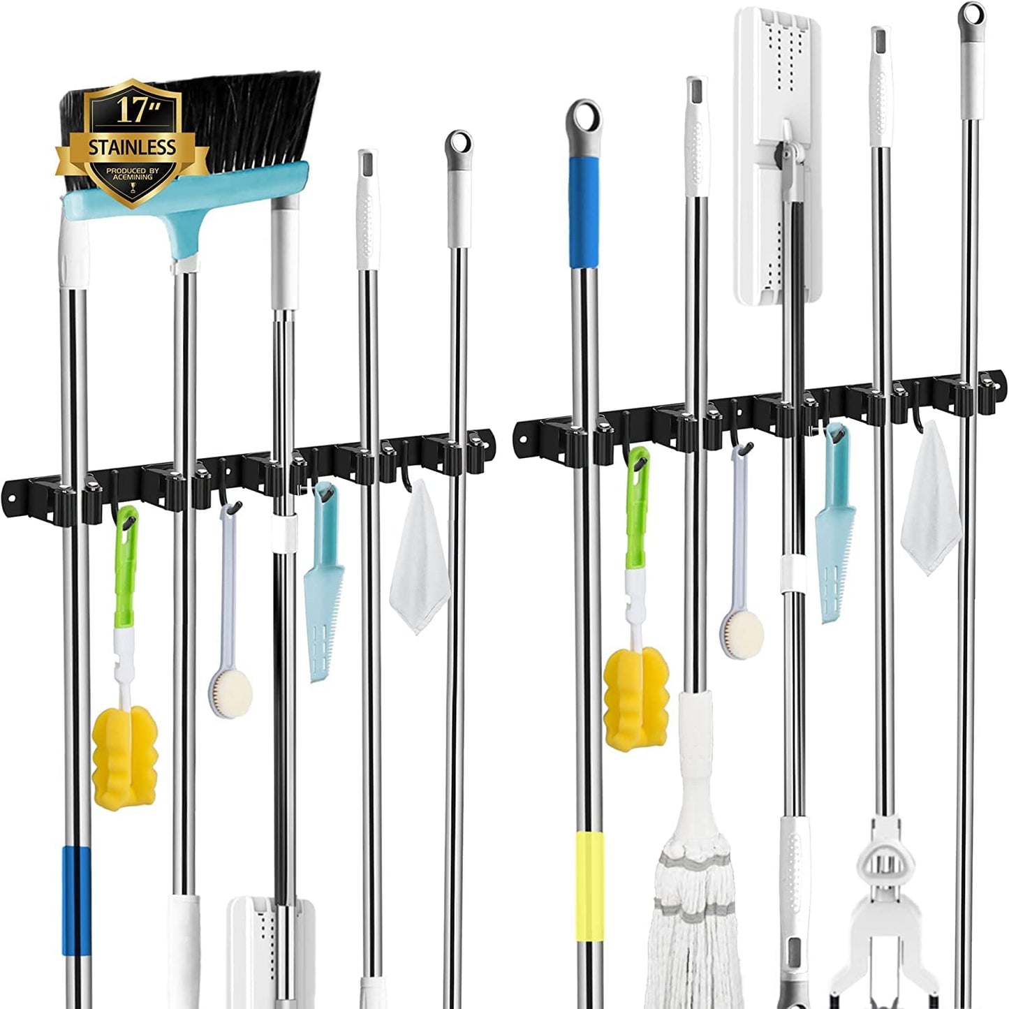 AceMining 5 Racks and 4 Hooks Mop and Broom Holder Wall Mount, Broom Organizer Storage Tool Racks Stainless Steel Heavy Duty Hooks Self Adhesive Solid Non-slip for Home Kitchen Garden Laundry Garage