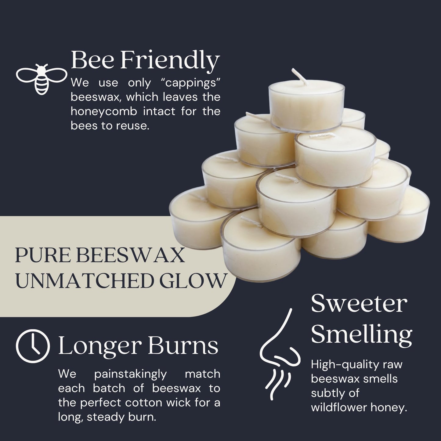 Bluecorn Beeswax Tea Light Candles, 100% Pure Natural Bees Wax, Ivory White Tea Lights, Fragrance Free, Paraffin & Soy Free Candle Wax, Clean Burning, Long Lasting (4-5 Hrs), American Made, 48 Pack