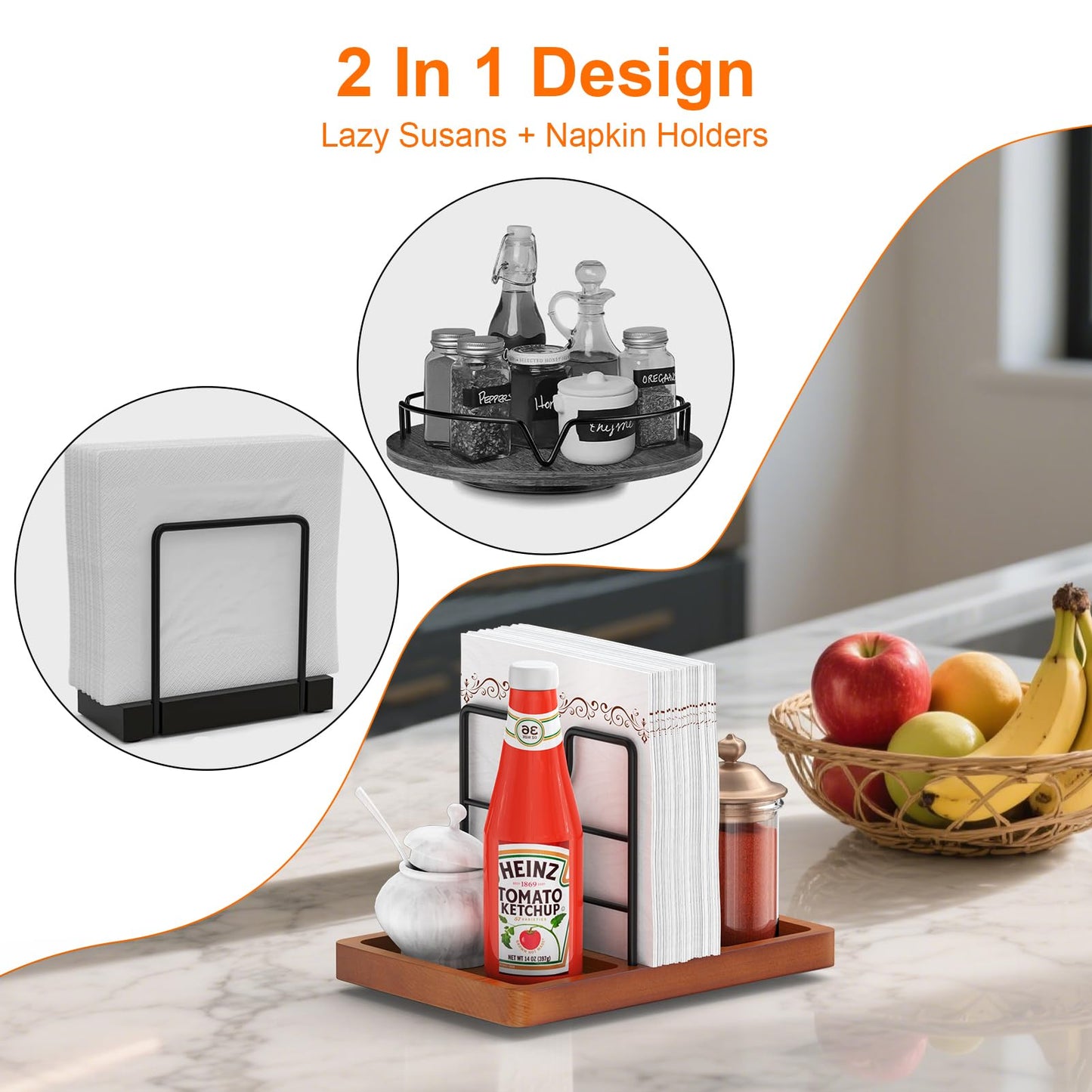 PENGARO Napkin Holder for Table, 360° Rotating Napkin Holders Metal Dining Napkin Dispenser with Salt and Pepper Shakers Holder, Standing Paper Napkin Storage for Kitchen Dining Table, Brown