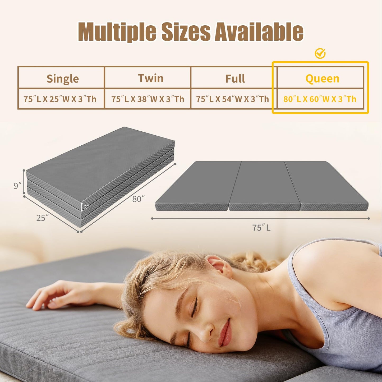 Tri-Folding Mattress, 3 Inch Portable Folding Mattress Topper with a Collapsible and Washable Cover, Portable Floor Bed for Travel, Fold Up Guest Bed, Camping and Yoga (Queen, Gray)