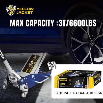 YELLOW JACKET Floor Jack 3 Ton Hydraulic Low Profile Aluminum and Steel Racing Car Jack with Fast Lifting Dual Pump for SUV,Truck, MVP,6600 lbs Capacity