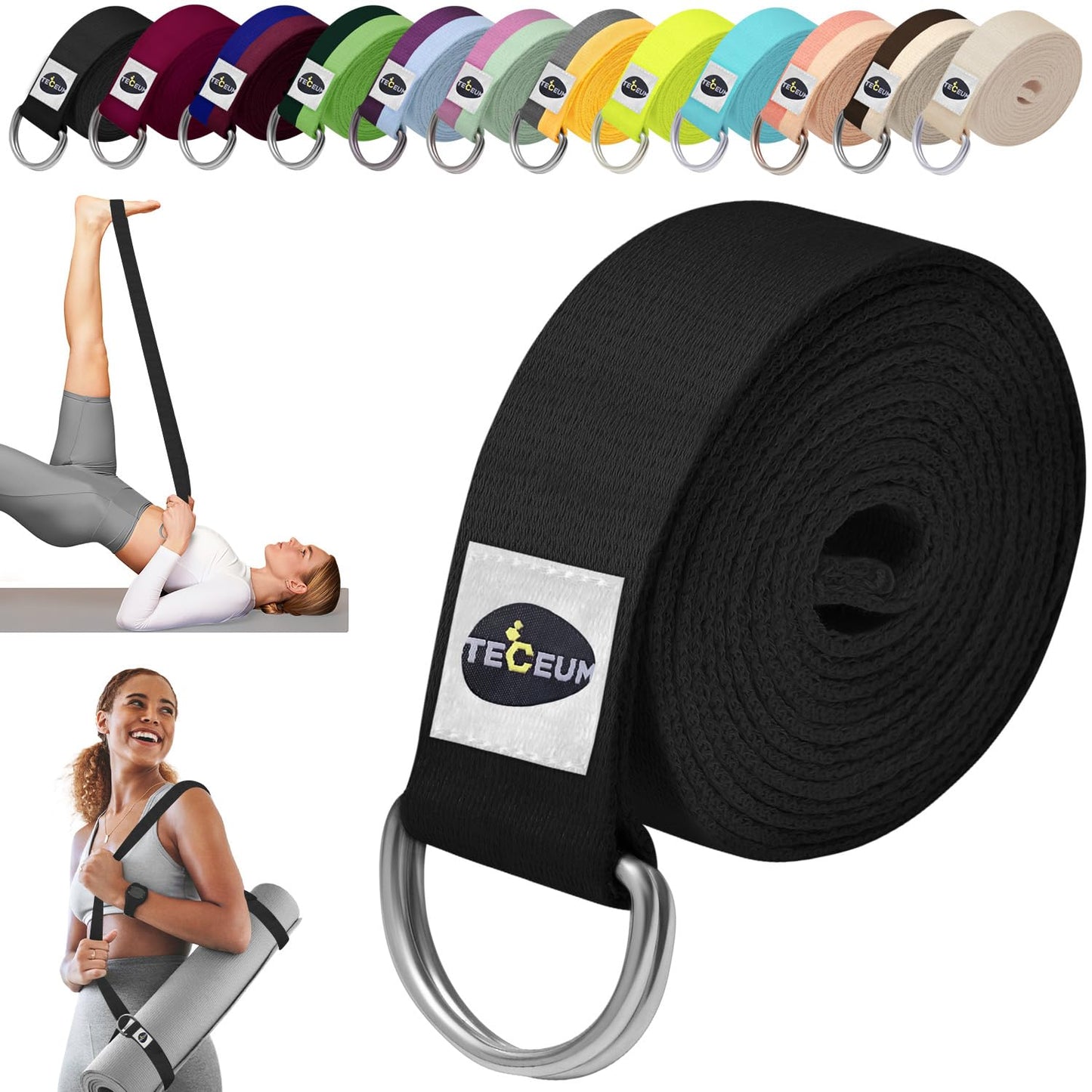 TECEUM Yoga Strap & Mat Strap – 2 in 1 – Cotton – 6 ft 8 ft 10 ft (30+ Colors) – Adjustable Non-Slip Belt for Yoga, Pilates, Stretching, Physical Therapy, Fitness & Home Workout – for Carrying Mats