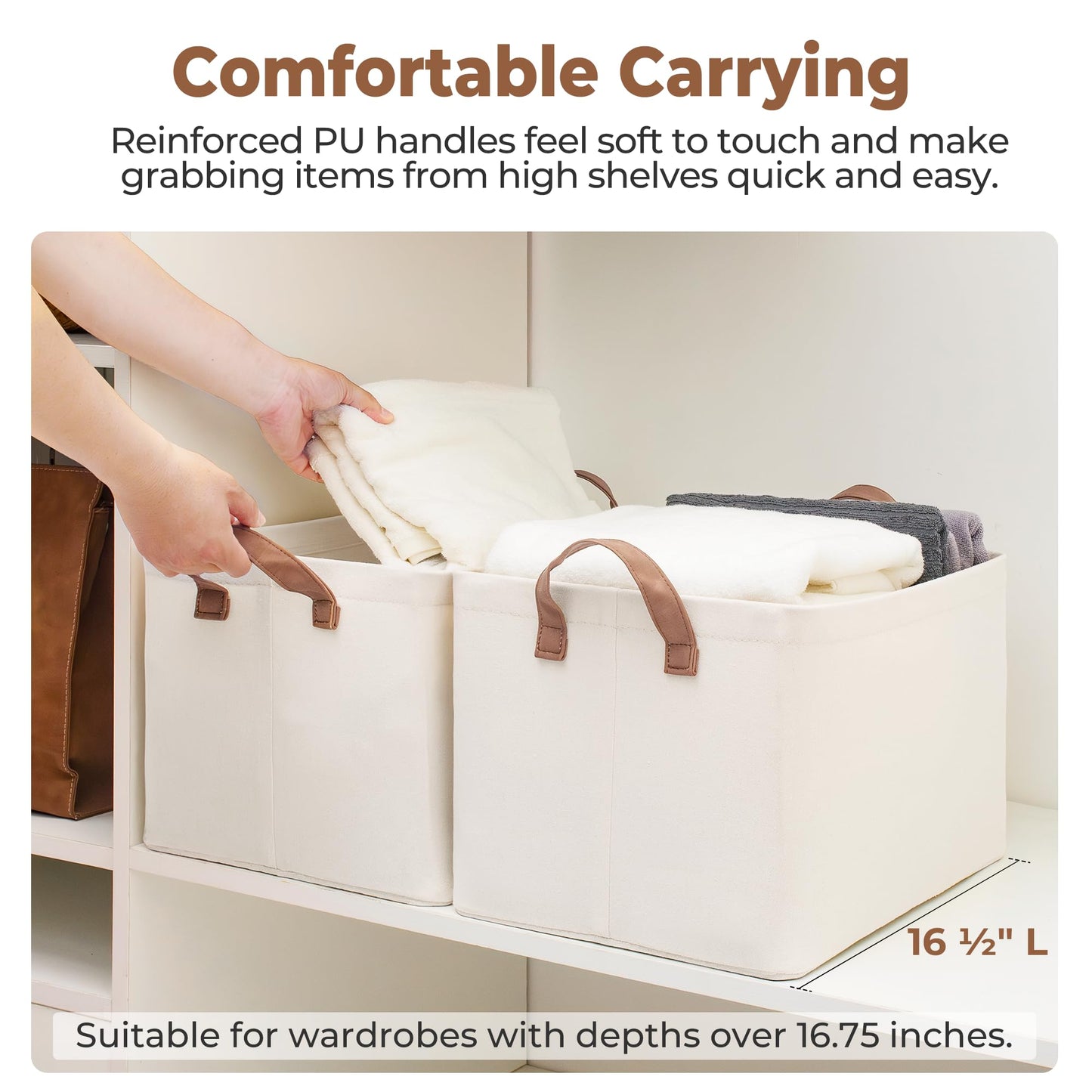 StorageWorks Fabric Storage Boxes for Shelves, Large Storage Baskets with Metal Frame, Foldable Clothes Storage Boxes, Bedroom Top of Wardrobe Organisation with Handles, Beige, 2-Pack