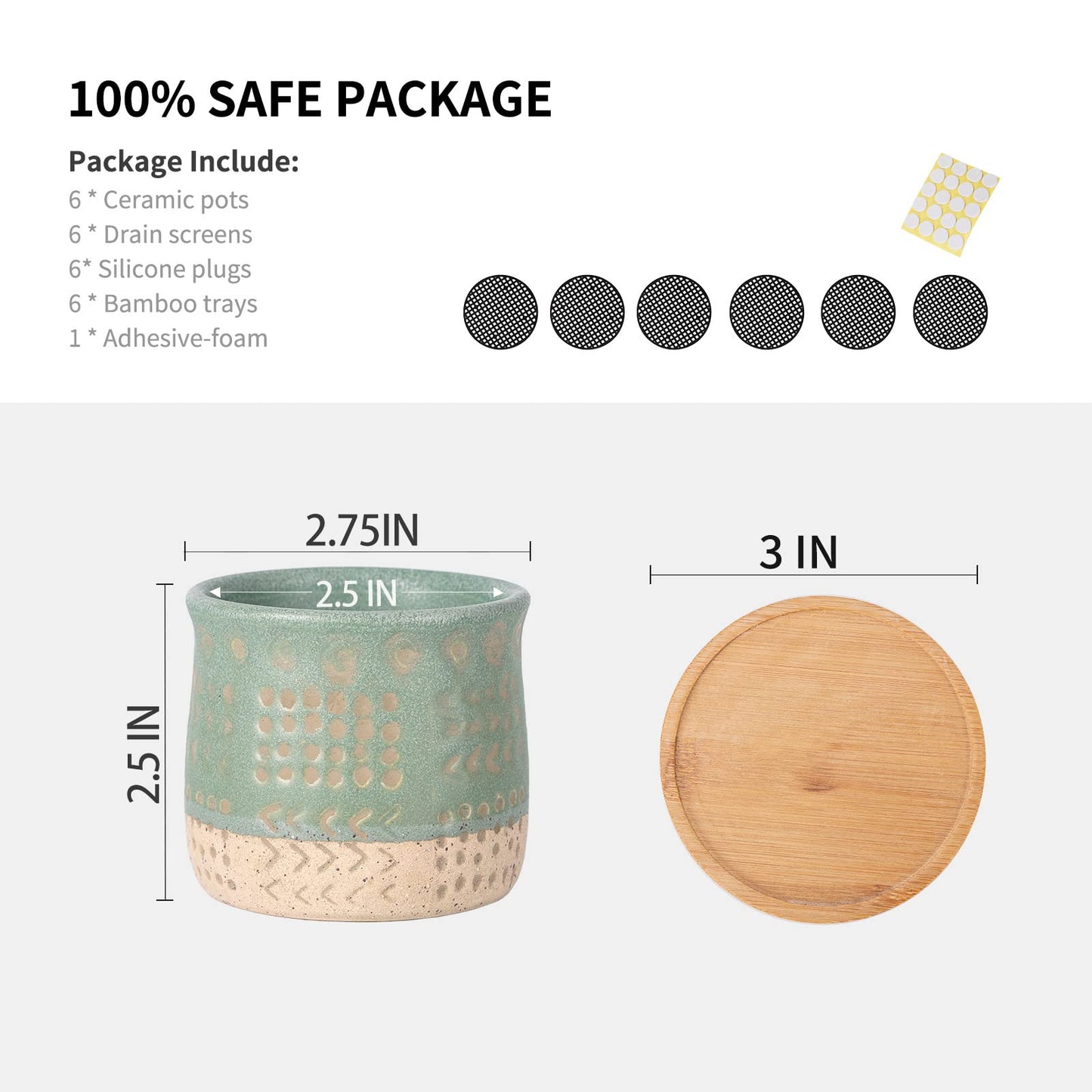 TAMAYKIM 2.75 Inch Mini Ceramic Succulent Plant Pots, Retro Tiny Planter Pots with Saucer & Drainage Hole, for Cactus, Small Plants, Set of 6, Green