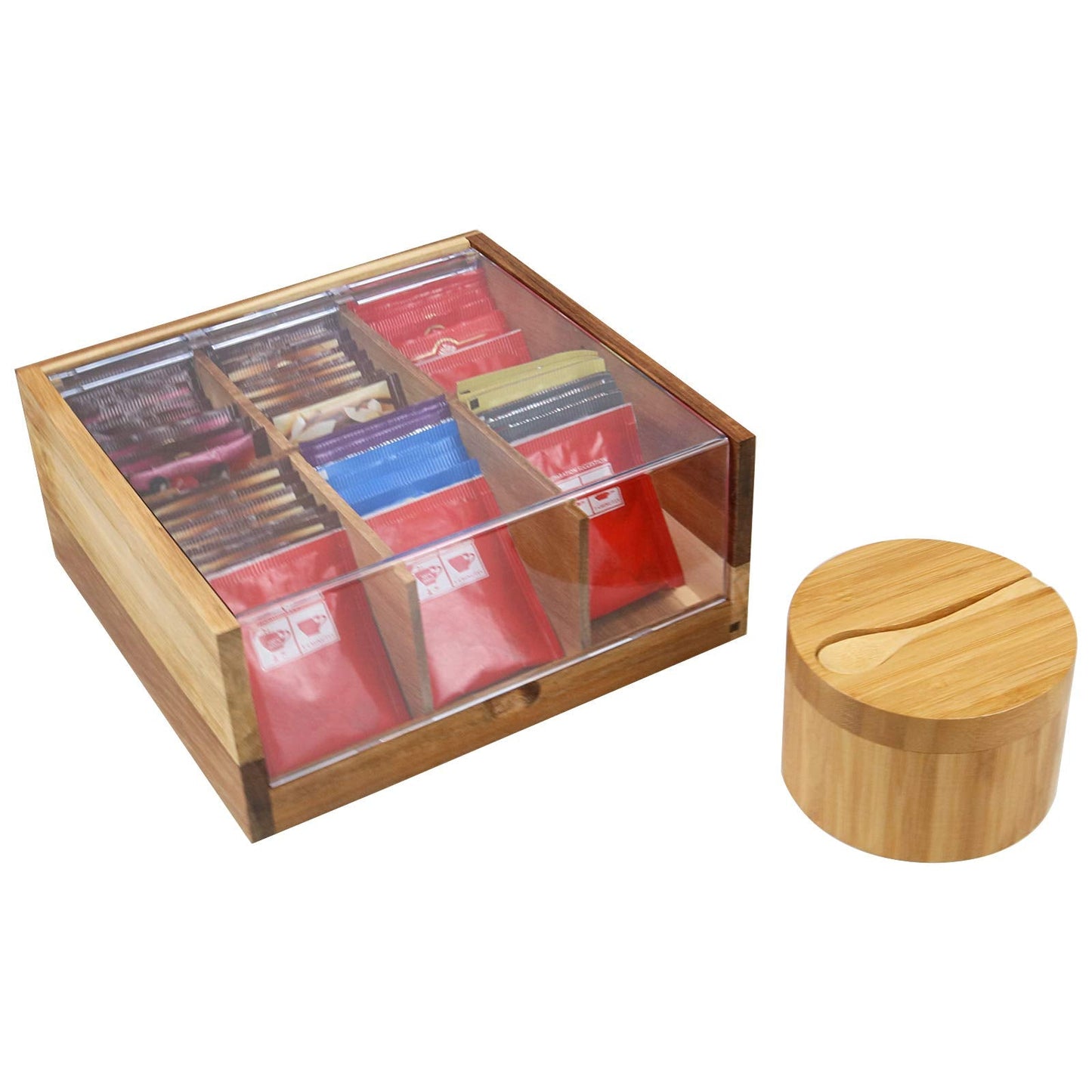 Bamboo Seasonings Box with Mini Spoon & Acacia Wood Tea Bag Organizer Storage