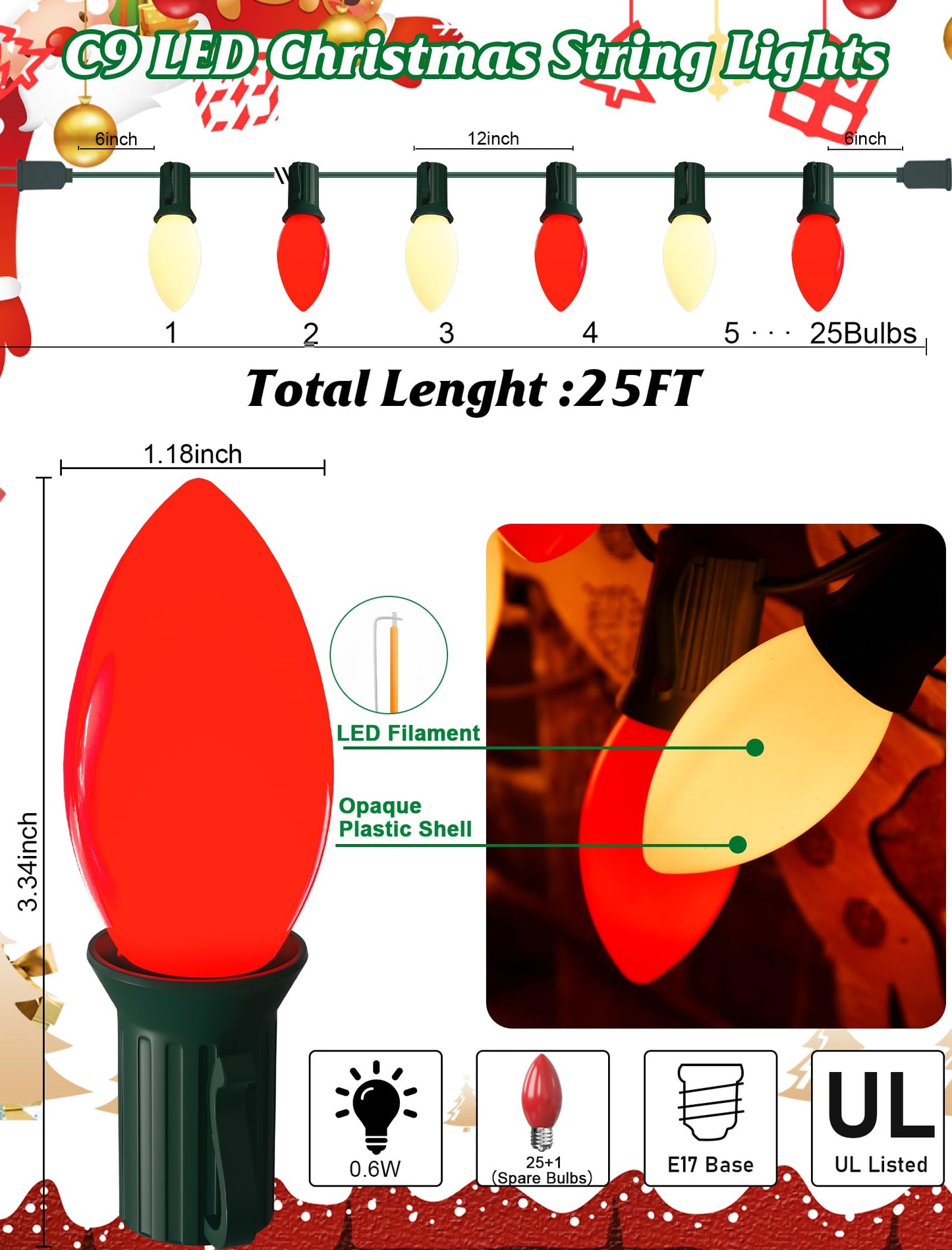 C9 LED Red and White Christmas Lights, 25ft C9 Outdoor Christmas Lights with 25 LED Red and White Plastic Bulbs, Outdoor String Lights for Patio Home Party Yard Xmas Tree Decoration-Green Wire