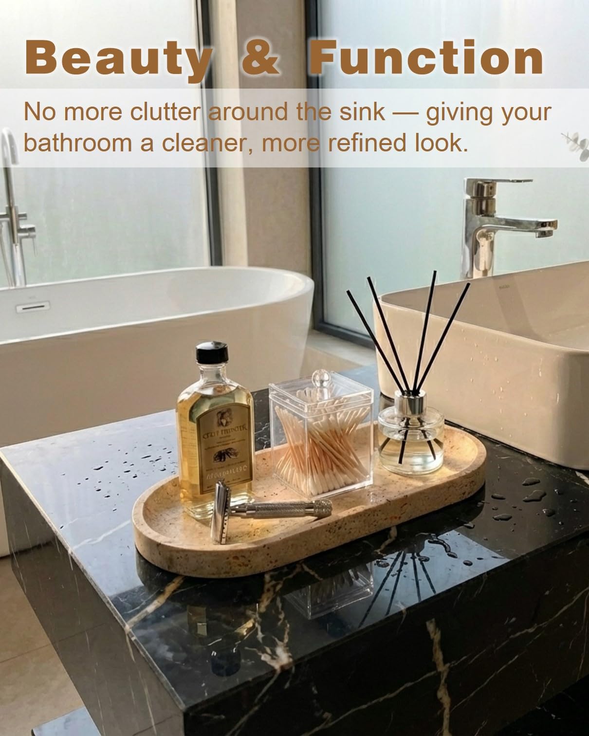 100% Natural Travertine Stone Tray for Perfume, Jewelry, Candle & Trinket Holder – Light Beige Stone Vanity Organizer for Bathroom, Coffee Table, or Living Room, 10"x5", Non-Resin/Ceramic