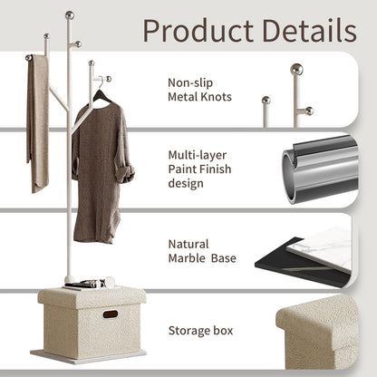 Ronsan Coat Rack Stand with Storage Box, Freestanding Metal Coat Tree with Natural Marble Base, 8-Hook Coat and Hat Rack for Entryway, Hallway, Bedroom and Office, White