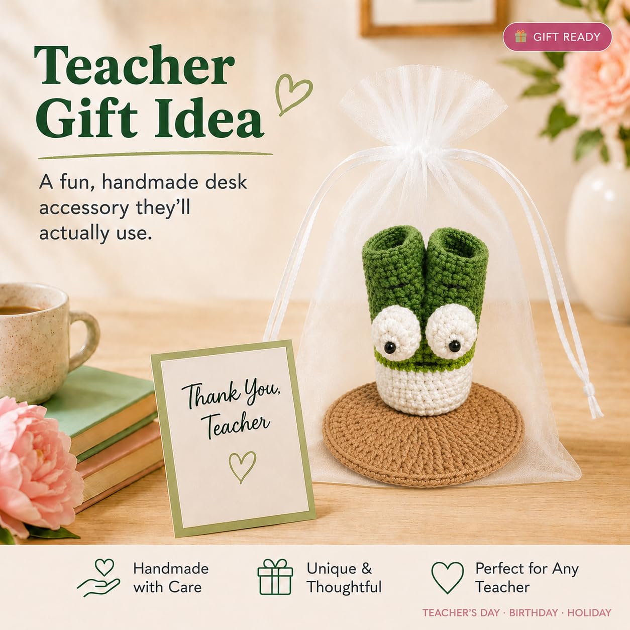 XIBIGEYE Cute Crochet Pen Holder for Desk - Handmade Green Onion Pencil Cup with Phone Stand | Funny Desk Organizer, Unique Teacher Gift, Back to School Desk Accessories for Students & Office