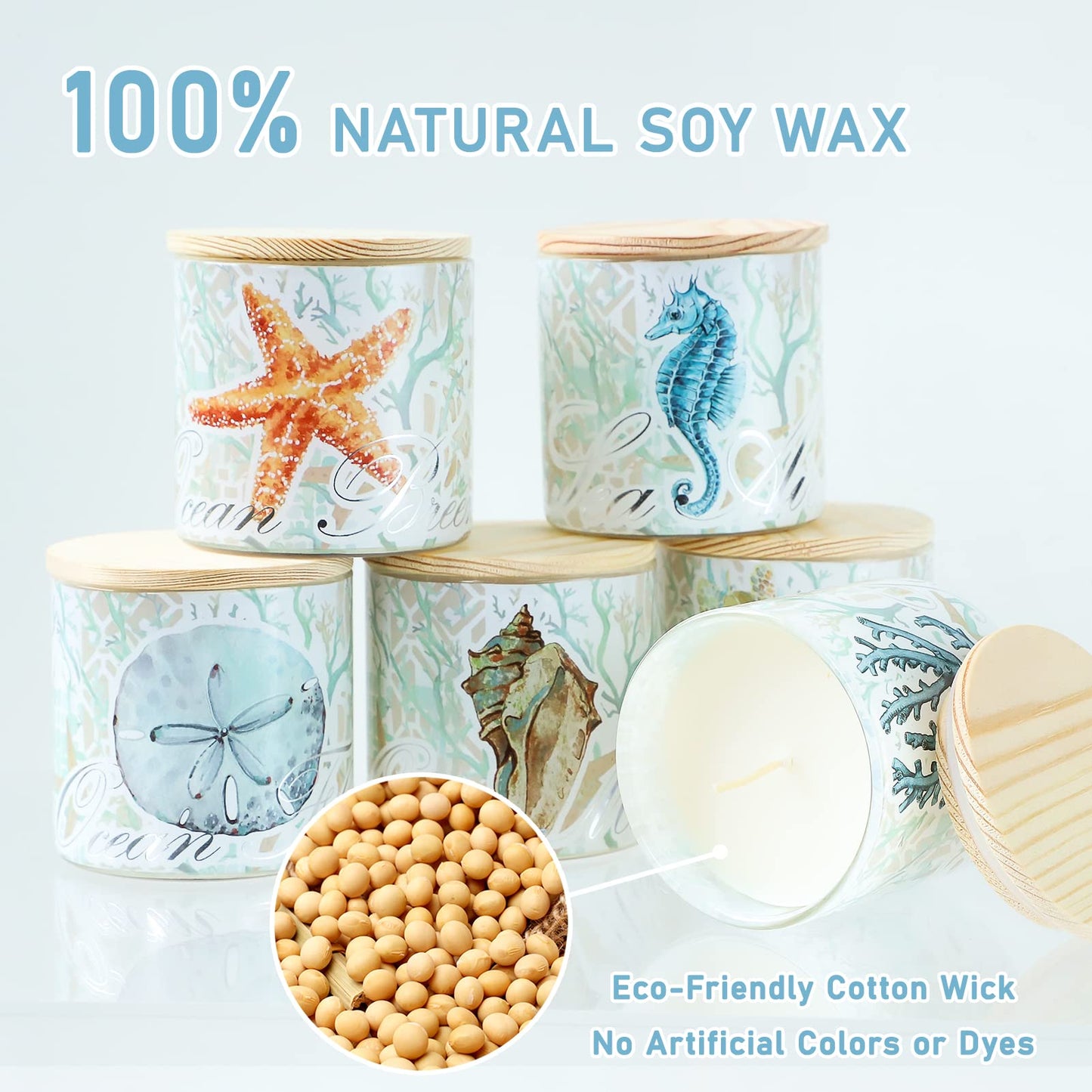 Jar Candles Scented with Lid Gift Set of 6 Ocean Theme Glass Jar Different Fragrance Soy Wax Aromatherapy Candles Take Harsh Smells Away Candle for Home Scented Stress Relief Relaxation