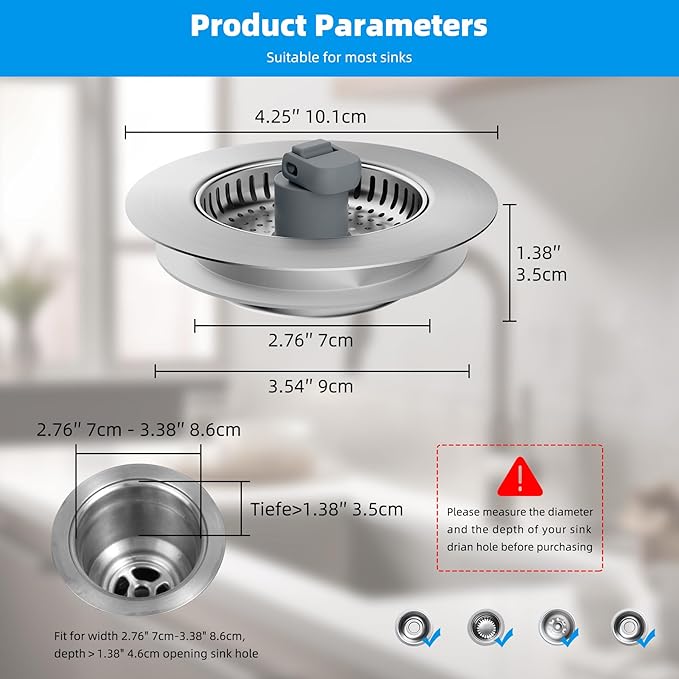 Hibbent 3 in 1 Kitchen Sink Drain Strainer, Stainless Steel Drain Stopper Combo