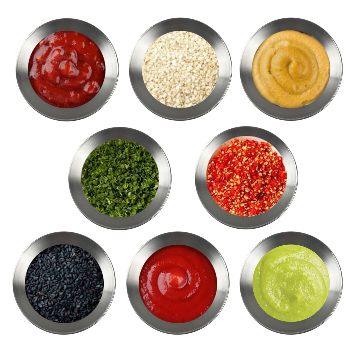 MGGi 8 Pack 3.3inch Stainless Steel Sauce Dishes Round Mini Individual Saucers Bowl, Seasoning Plate Sushi Dipping Bowl Appetizer Plates, for Sushi,Side Dishes,Dessert,Tomato Sauce,Soy,BBQ - Silver