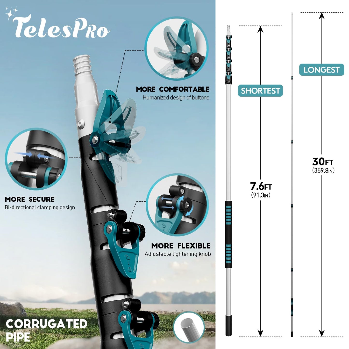 TelesPro 36 Foot High Reach Duster Kit with 7-30FT Extension Pole High Ceiling Dusting and Window Cleaning Kit with Telescopic Pole Window Washer&Squeegee,Cobweb Duster,Fan Duster and Feather Duster