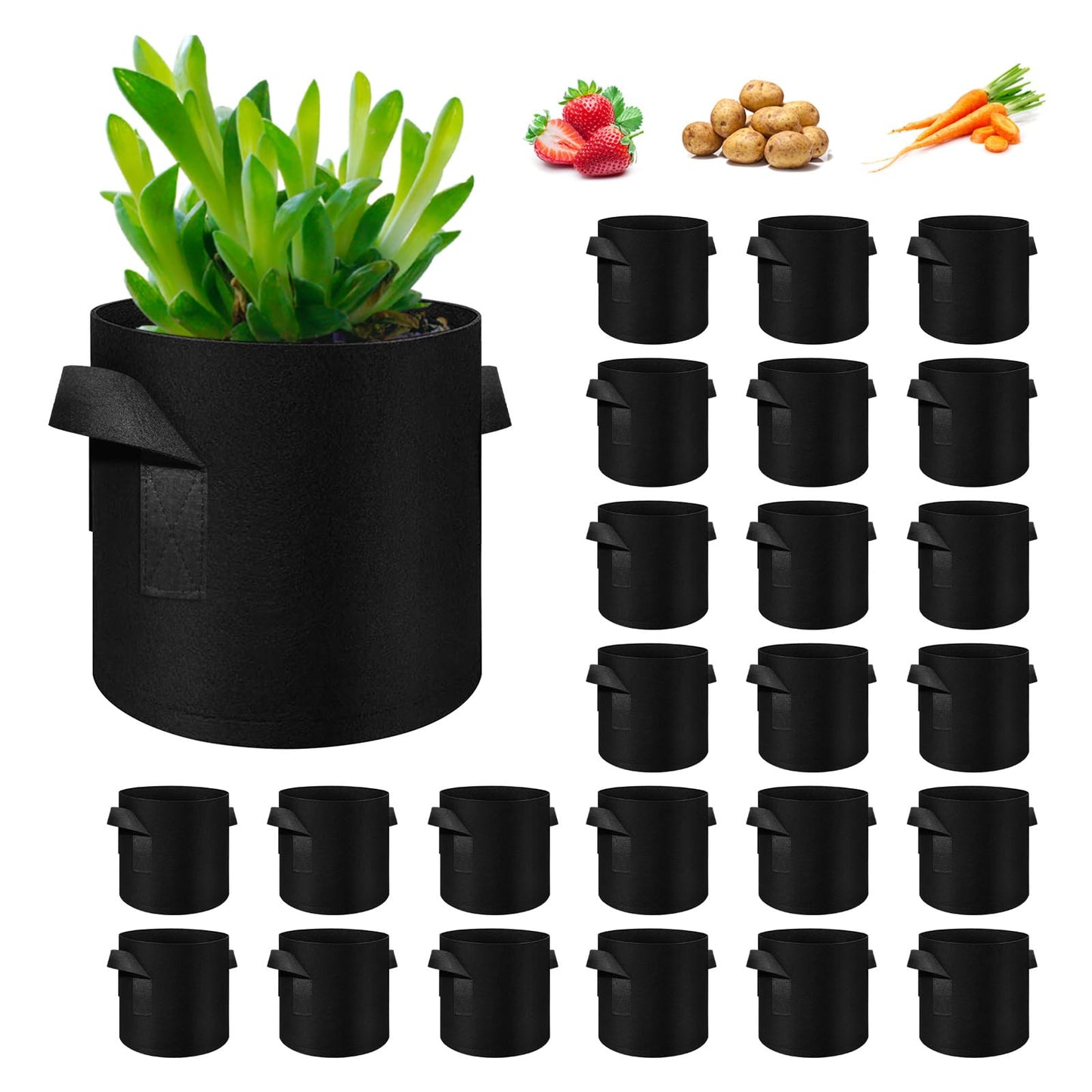 WHATWEARS 24 Pack 10 Gallon Plant Grow Bags, Thickened Nonwoven Fabric Pots with Handles, Vegetable Planter Bags Containers, Cloth Planters for Garden Vegetable/Flower/Plant/Fruits Outdoor (Black)