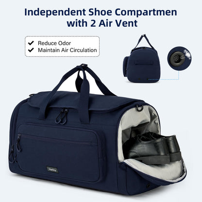 HanTrip Large Travel Duffle Gym Bag with Shoe Compartment, Underseat Carry On Luggage Overnight Weekender Personal Item Workout Bags for Women Men (Navy Blue)