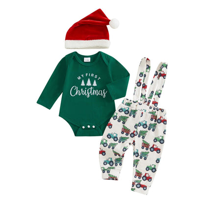 BeQeuewll Christmas Newborn Baby Boy 3PCS Clothes Set Infant Long Sleeve Romper Cute Pattern Suspender Pants Overalls Outfits (Green, 9-12 Months)