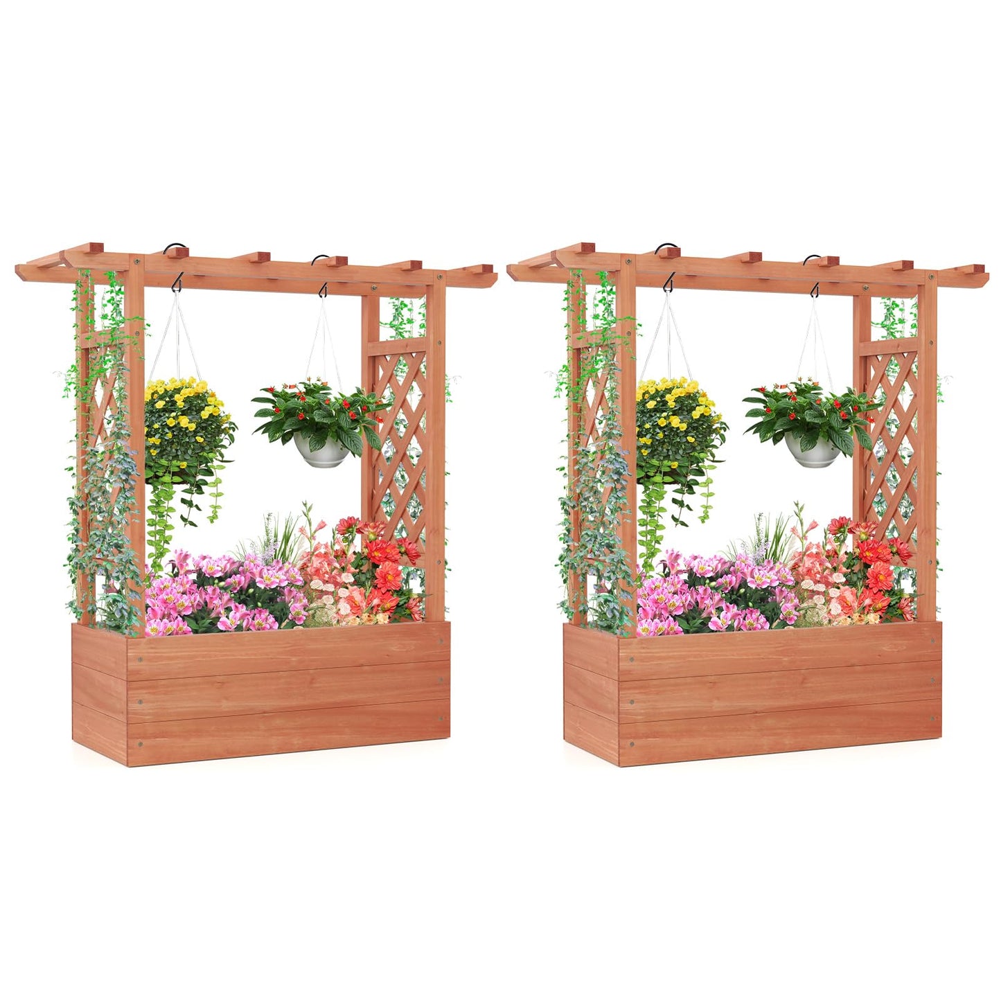 Giantex Set of 2 Raised Garden Bed with 2-Sided Trellis & Hanging Roof, Fir Wood Planter Box w/Drainage Holes, Freestanding Garden Planter for Flowers Herbs Climbing Vines (43"x15"x45")