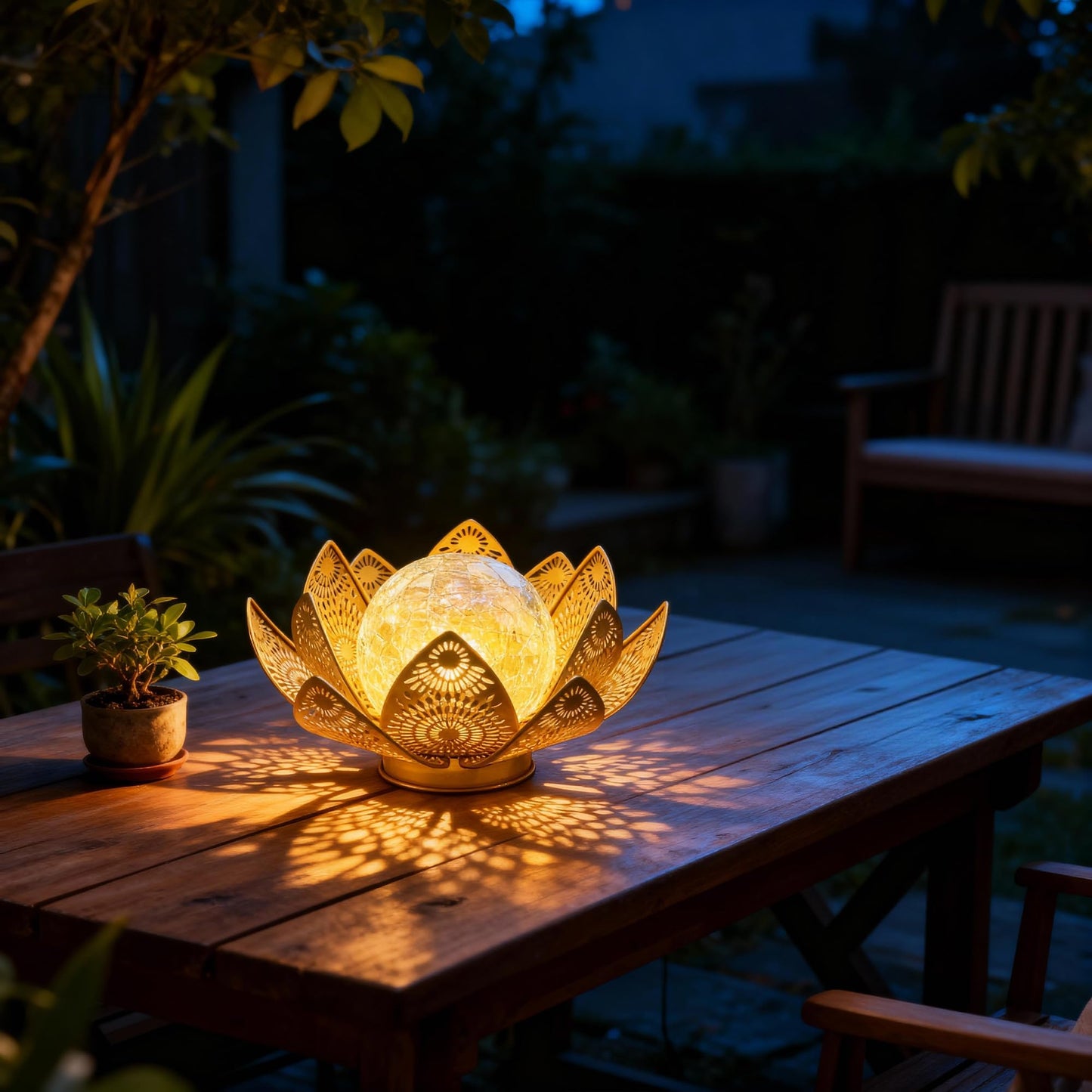 Cubular Solar Lights Outdoor Waterproof IP65 - Lotus Flower Lantern with Crackle Glass & Metal Petals, Garden Decor for Patio, Pathway, Lawn - Auto On/Off Gift for Women, Mom, Housewarming
