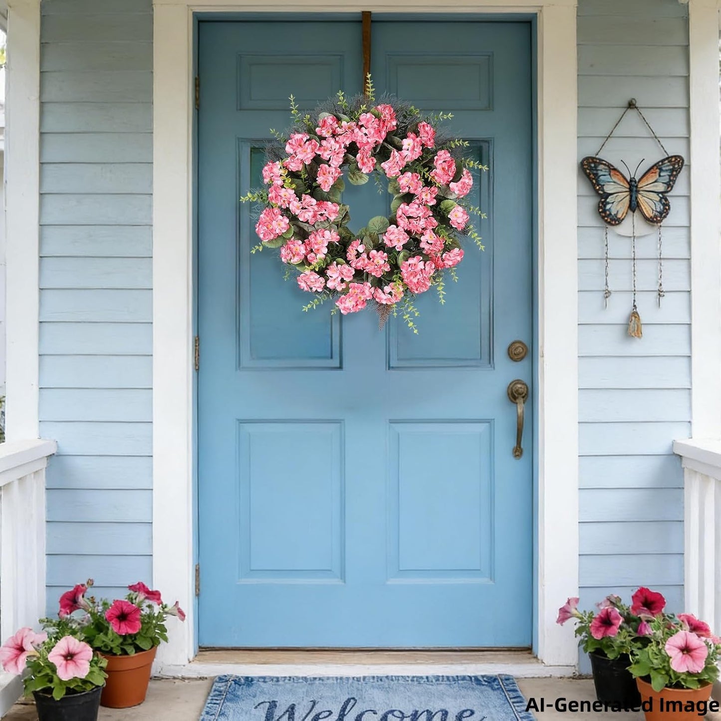 KuiMen Spring Summer Wreaths for Front Door 24 Inch Pink Artificial Geranium Wreath with Blessed Hanging Sign for Indoor and Outdoor Decor