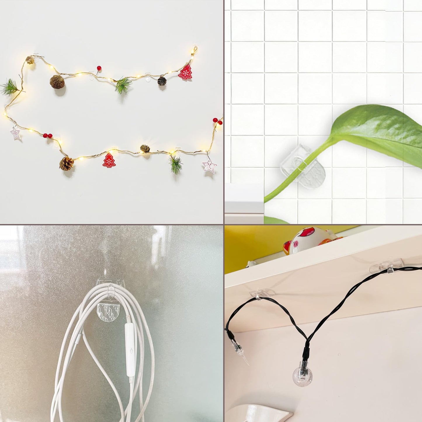 Karsbarwe 120 Clear Mini Light Clips with 132 Adhesive Strips, Small Removable Wall Hooks No Damage, Transparent Wire Hooks for Christmas String Lights, Indoor Holiday Decorations, Cables and Cords